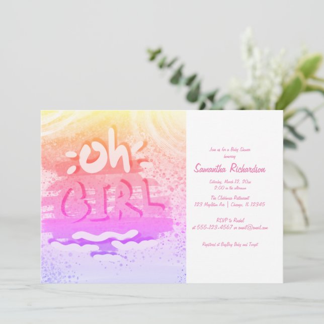 ’OH GIRL’ | Holography Rosa and Guld Girl Shower Inbjudningar (Stående Fram)