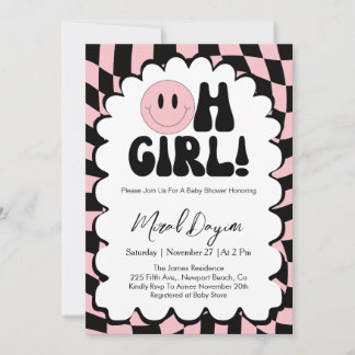 Oh Girl! Pink Checkered Happy Face Baby Shower Inbjudningar
