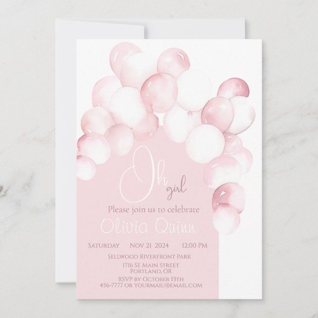 Oh girl rosa ballonger valv baby shower inbjudningar (Framsida)
