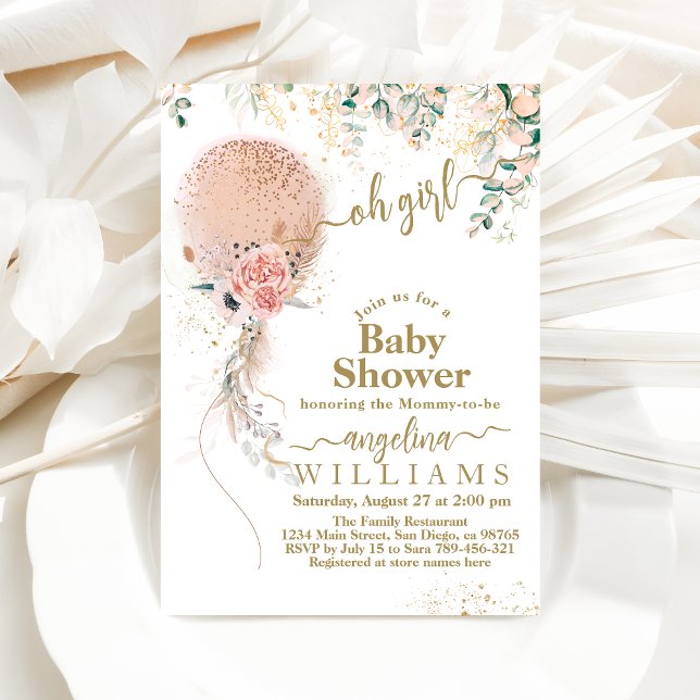 Oh Girl Rosa Balloon Blommigt Eucalyptus Baby Show Inbjudningar (Skapare uppladdad)
