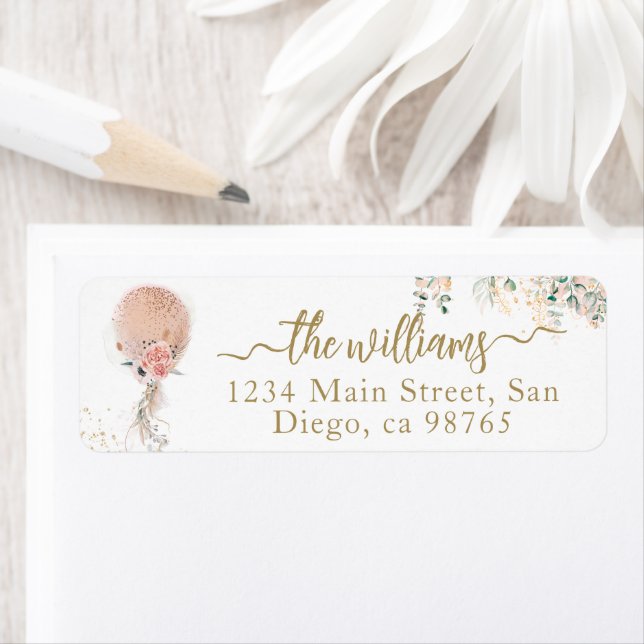 Oh Girl Rosa Balloon Blommigt Eucalyptus Baby Show Returadress Etikett (Insitu)