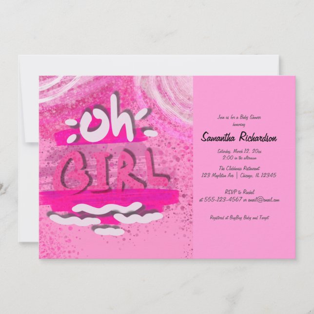 ’OH GIRL’ | Rosa Calligraphy Flicka Shower Inbjudningar (Framsida)