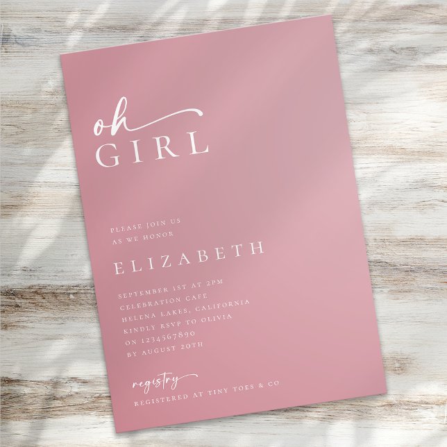 Oh Girl Rosa Modern Minimalist Script Baby Shower Inbjudningar (Skapare uppladdad)