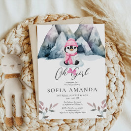 Oh Girl Rosa Penguins Winter Baby Shower Inbjudningar