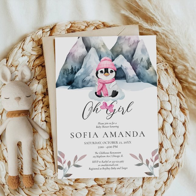Oh Girl Rosa Penguins Winter Baby Shower Inbjudningar (Skapare uppladdad)