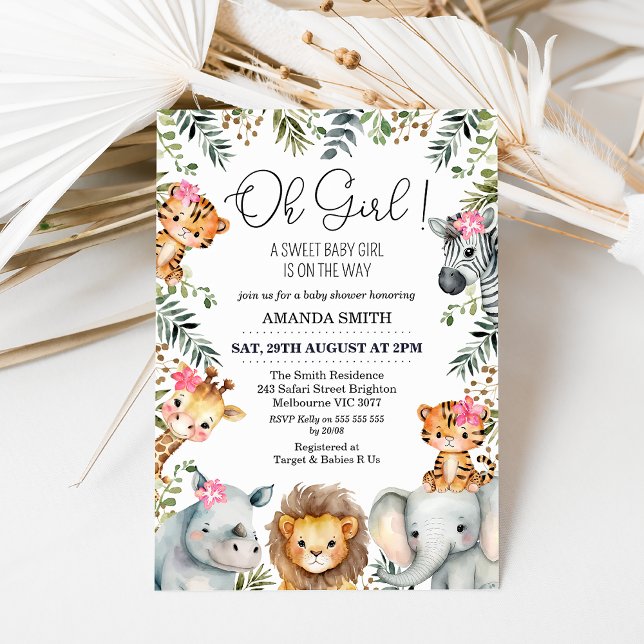 Oh Girl Safari Foliage Baby Shower-inbjudan Inbjudningar (Sweet girl safari baby shower invitation featuring seven jungle animals, foliage and pink flowers.)