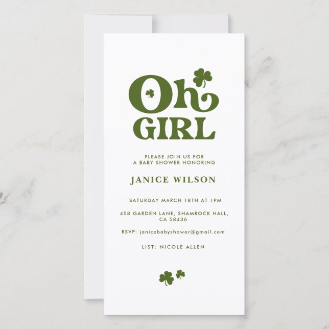 Oh Girl St.Patrick's Day Baby Shower Digital Evite Meddelande (Framsida)