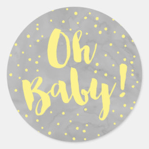 Oh grå och gul vattenfärgbaby shower för baby runt klistermärke