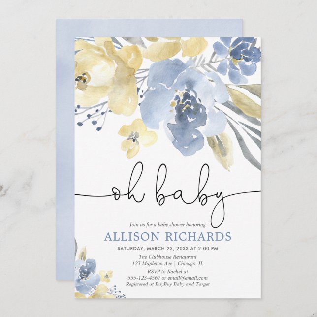 Oh gulnar dammiga blått för bebis den blom- inbjudningar (Fram/baksida)