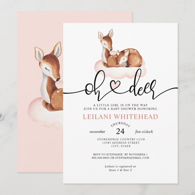 Oh Hjort Baby Shower Watercolor Rosa Cloud Inbjudningar (Fram/baksida)