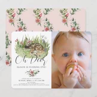 Oh Hjort Blommigt Girl Photo 1st Birthday Inbjudningar