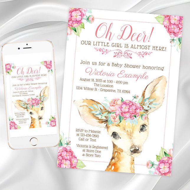 Oh Hjort Flicka Shower-inbjudningar Inbjudningar (Girl cute Oh Deer baby shower invitation. Instant download and printed invitations available.)