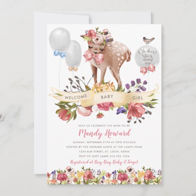 Oh Hjort Girl Baby Shower Inbjudningar (Framsida)
