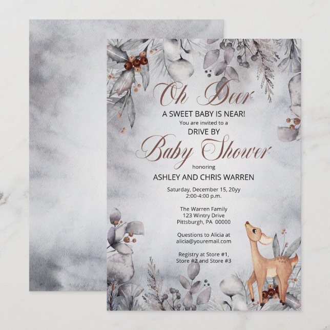 Oh Hjort Rustic Winter Blommigt Drive by Baby Show Inbjudningar (Fram/baksida)