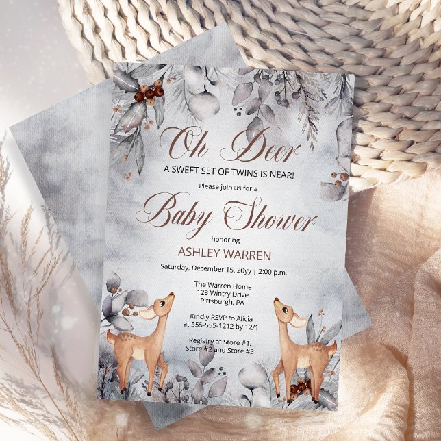 Oh Hjort Rustic Winter Blommigt Twillingars Baby S Inbjudningar (Oh Deer Rustic Woodland Twins Baby Shower Invitation)