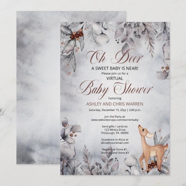 Oh Hjort Rustic Winter Blommigt Virtuell Baby Show Inbjudningar (Fram/baksida)