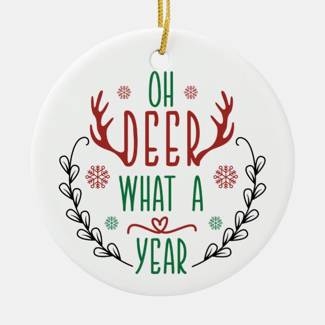 OH HJORT, vilket år | Cute Baby Reindeer Funny Julgransprydnad Keramik (Framsidan)
