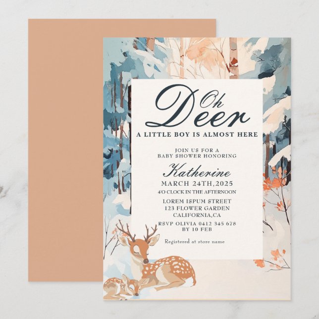 Oh Hjort Winter Woodland Snowy Forest babydusch Inbjudningar (Fram/baksida)