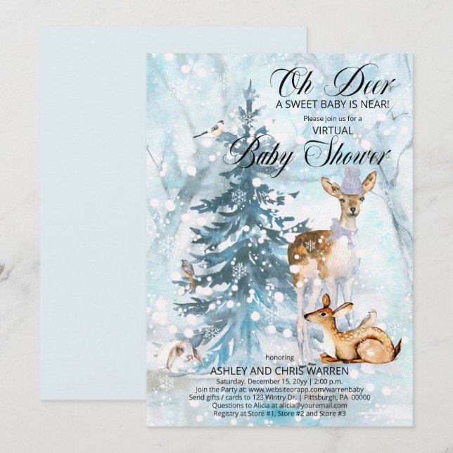 Oh Hjort Woodland Animals Virtuell Boy Baby Shower Inbjudningar (Fram/baksida)