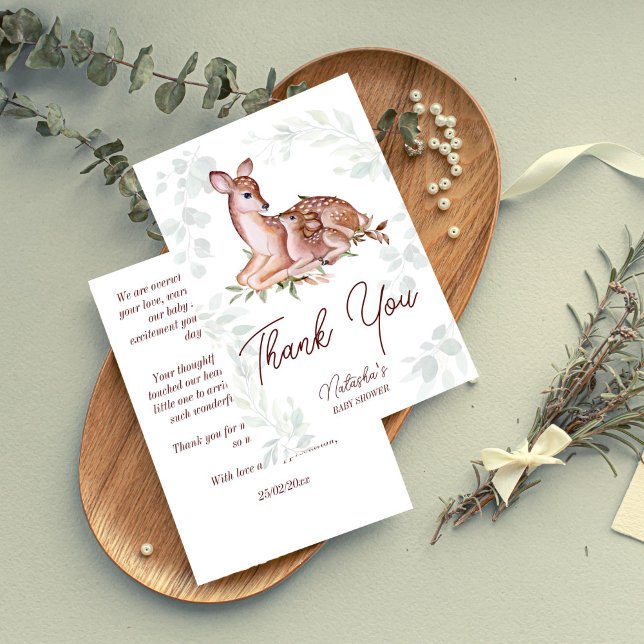 Oh hjort woodlands hjort babydusch tack kort (Oh deer woodlands deer baby shower thank you cards cute mother deer and a foal forest leaves)