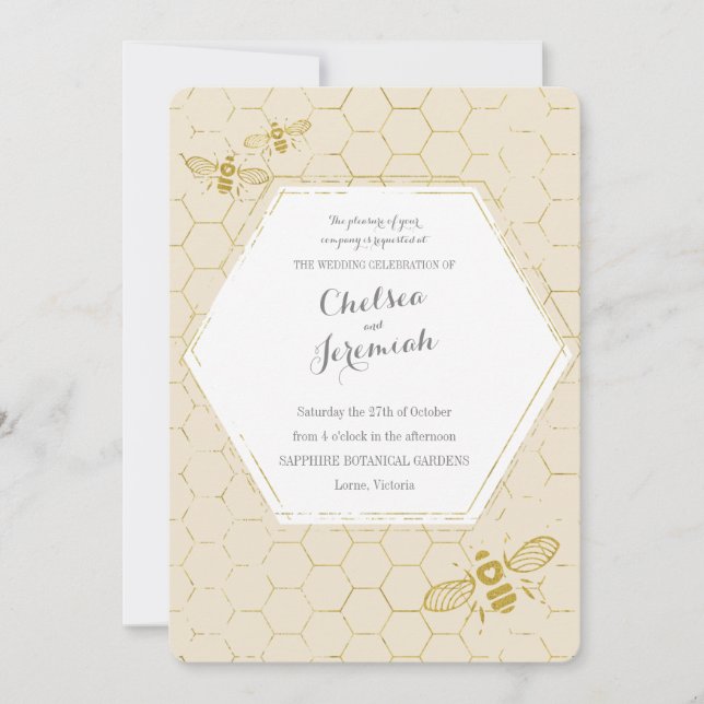 Oh honey Bee Cream Guld Personligt bröllp Inbjudningar (Framsida)