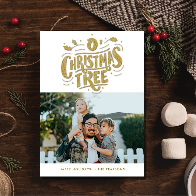 Oh Julgran Guld fotofamilj  Julkort (Oh Christmas Tree Gold Photo Family Holiday Card)