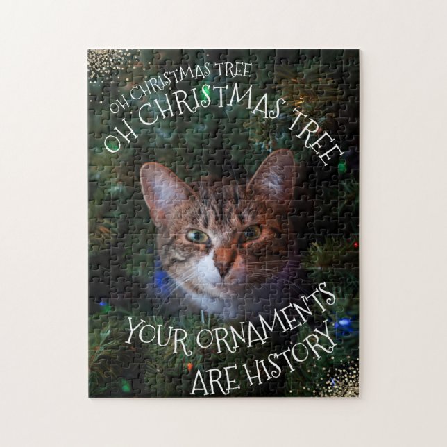 Oh Julgran Mischievevevous Flin Kattunge Funny Cat Pussel (Vertikal)