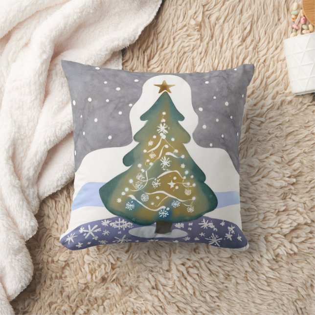 Oh Julgran | Watercolor Winter-målning Kudde (Filt)