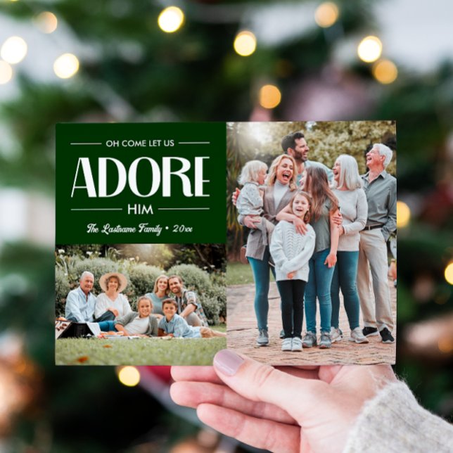 Oh Kom Låt oss Adore GRÖNT Christian 2 Photo Julkort (DARK GREEN 2 PHOTO TEMPLATE CHRISTIAN RELIGIOUS HIOLIDAY GREETINGS CHRISTMAS FAMILY PORTRAIT)