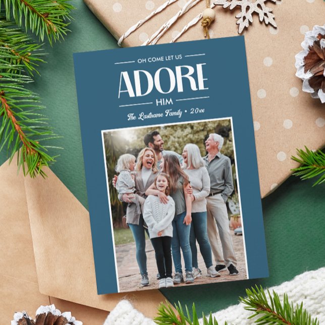 Oh Kom Låt oss Adore Him BLUE Christian Photo Julkort (Vertical photo Christmas Card Christian Religious Style to send Holiday greetings this season)