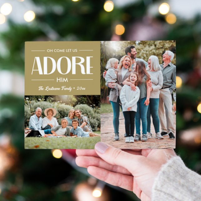 Oh Kom Låt oss Adore Him TAN Christian 2 Photo Julkort (TAN BEIGE 2 PHOTO TEMPLATE CHRISTIAN RELIGIOUS HIOLIDAY GREETINGS CHRISTMAS FAMILY PORTRAIT)