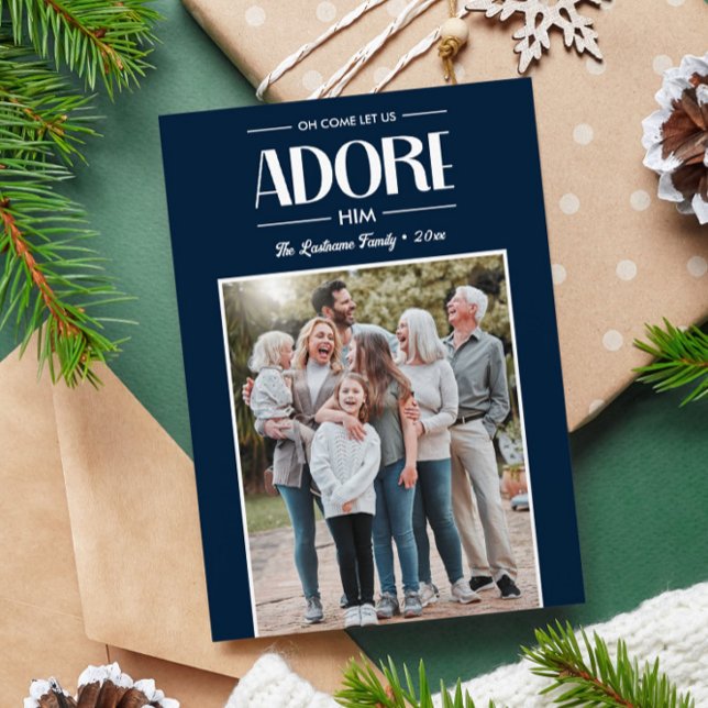 Oh Kom Let oss Adore Him NAVY Christian Photo Julkort (NAVY VERTICAL FAMILY PHOTO CHRISTIAN CHRISTMAS RELIGIOUS GREETING CARDS)