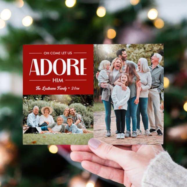 Oh Kom Let oss Adore Him RED Christian 2 Photo Julkort (CLASSIC RED OH COME LET US ADORE HIM RELIGIOUS CHRISTMAS CARD WITH PHOTO TEMPLATE)