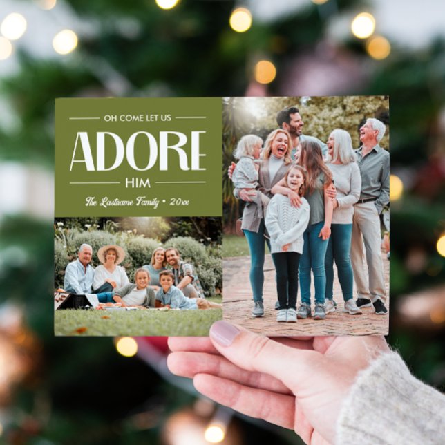 Oh Kom Let oss Adore Him SAGE Christian 2 Photo Julkort (SAGE GREEN 2 PHOTO TEMPLATE CHRISTIAN RELIGIOUS HIOLIDAY GREETINGS CHRISTMAS FAMILY PORTRAIT)