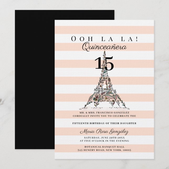 Oh La Blommigt Eiffel Torn Paris Quinceañera Inbjudningar (Fram/baksida)
