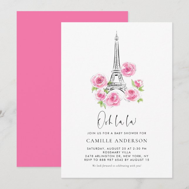 Oh la Eiffel Torn Rosa Blommigt Baby Shower Inbjudningar (Fram/baksida)