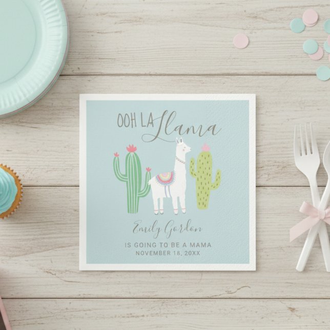 Oh La Llama Baby Shower Cute Blue & Brown Simple Pappersservett (Skapare uppladdad)