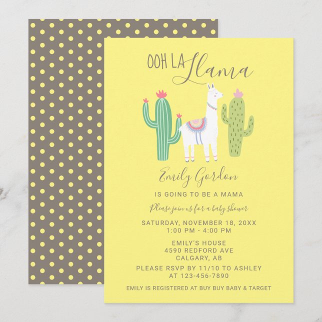 Oh La Llama Baby Shower söt gult brun enkel Inbjudningar (Fram/baksida)