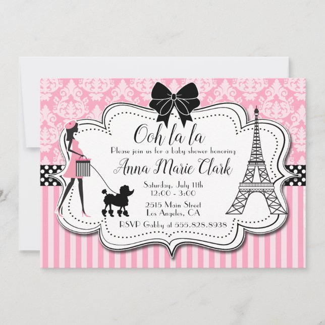 Oh la - Paris Pudel Rosa Baby Shower Inbjudningar (Framsida)