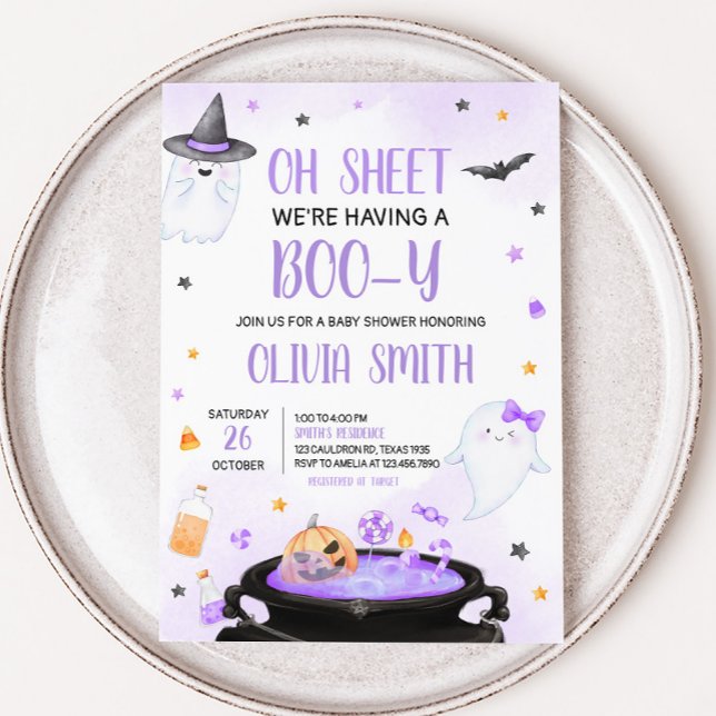 Oh Lakan Boo-y Halloween Baby Shower Inbjudningar (Purple Oh Sheet Boo-y Ghoul Baby Shower Invitation
)