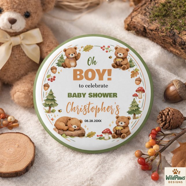 Oh Pojke Akvarell Skogs Björn Bebis Shower Knapp (Oh Boy Watercolor Woodland Bear Baby Shower Button
)