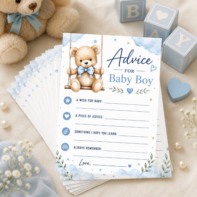 Oh Pojke Baby Shower Rådkort (Teddy bear baby shower advice cards for collecting wishes and memories.)