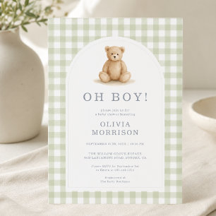 Oh Pojke Björn Sage Grön Gingham Barnkalas Inbjudningar