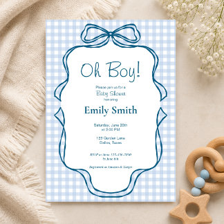 Oh Pojke Blå Gingham Barnkal Invitation Inbjudningar