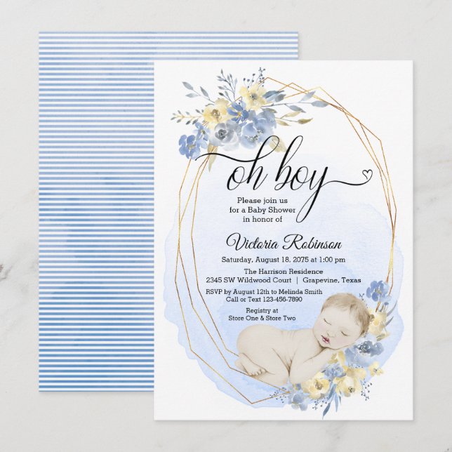 Oh Pojke Blå Guld Akvarell Pojke Baby Shower Inbjudningar (Fram/baksida)