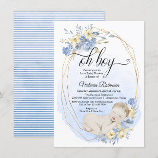 Oh Pojke Blå Guld Akvarell Pojke Baby Shower Inbjudningar