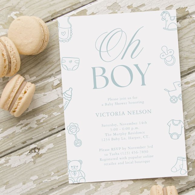 Oh Pojke Blå Handritad Baby Shower Inbjudningar (Skapare uppladdad)