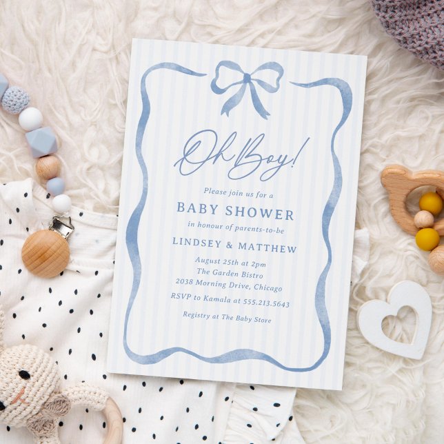 Oh Pojke Blå Vågig Band Slöja Baby Shower Inbjudningar (sweet baby shower invitation for boys featuring a wavy, curvy frame and bow)