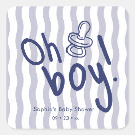 Oh Pojke Blå Vågiga Ränder Baby Shower Fyrkantigt Klistermärke