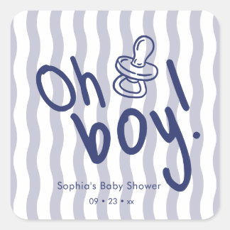 Oh Pojke Blå Vågiga Ränder Baby Shower Fyrkantigt Klistermärke